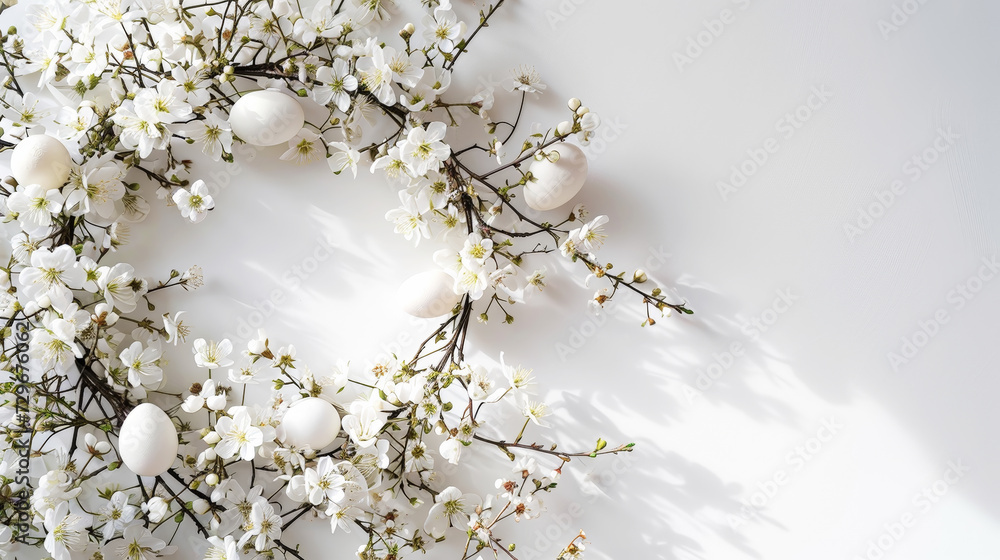 Aesthetic delicate easter wreath with white flowers and pastel eggs. Light background. Decoration concept. Generative AI