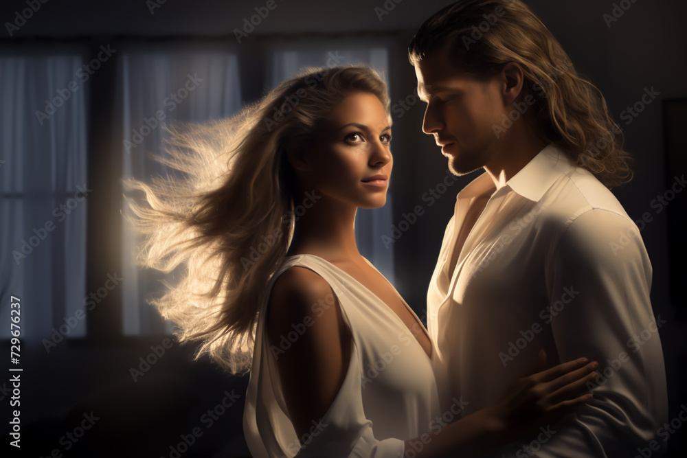 Sensual studio portrait of a happy couple straight out of a romance novel wearing white clothes