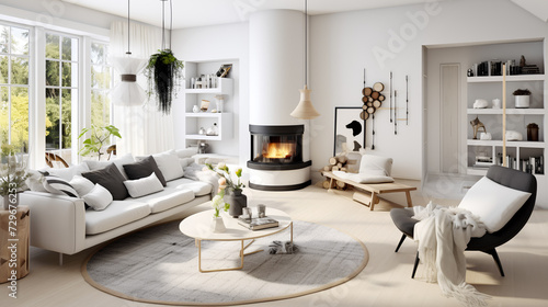 A cozy living room with large windows, round table and fireplace - Generative AI © chris3d