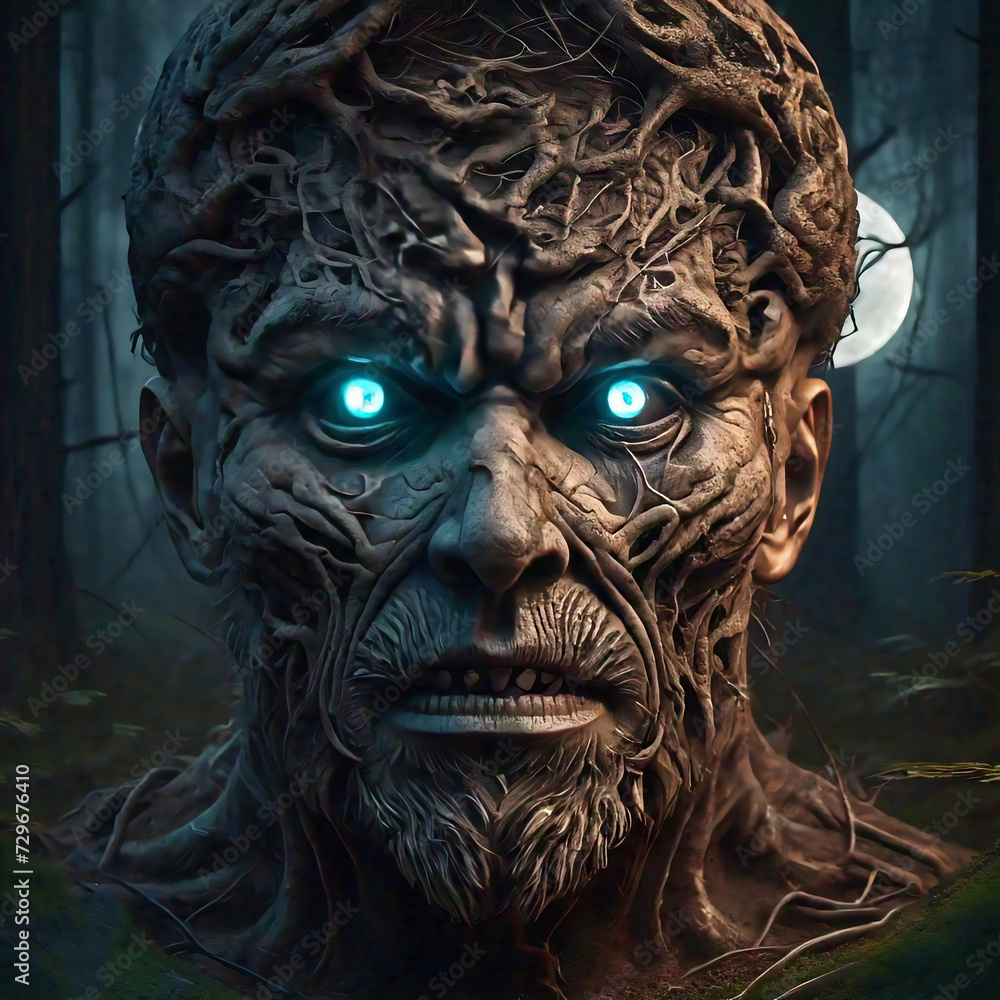 Portrait of a spooky creature with a burl wood head split all around and blue glowing eyes on the background of a dark mysterious forest and full moon