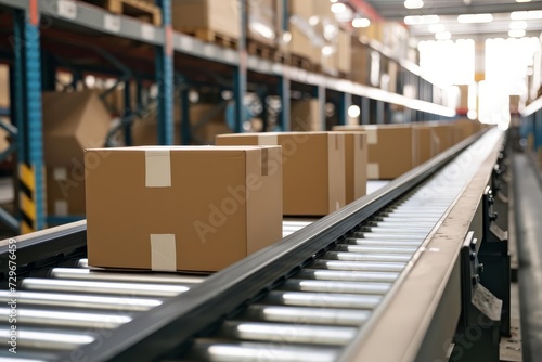 Cardboard boxes moving seamlessly on a conveyor belt in a warehouse Representing the efficiency of e-commerce and logistics © Jelena