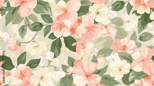  a floral wallpaper with pink and white flowers and green leaves on a light green background with pink and white flowers and green leaves on a light green back ground. © Anna