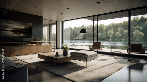 Elegant modern living room with panoramic lake view - Generative AI