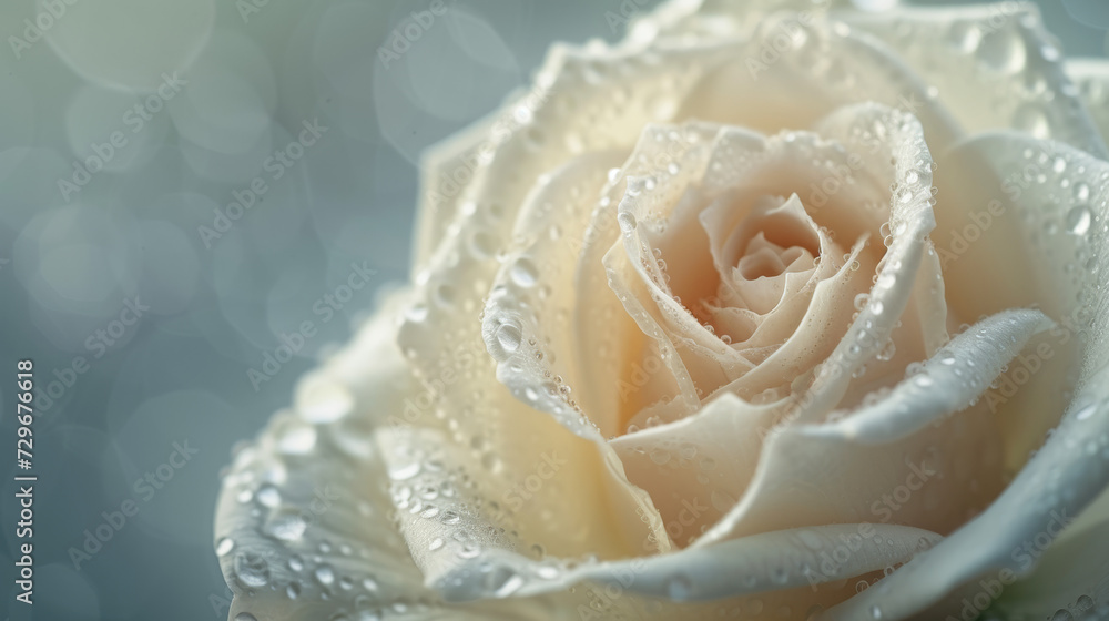 Fototapeta premium Flower with dew, macro, closeup, white rose