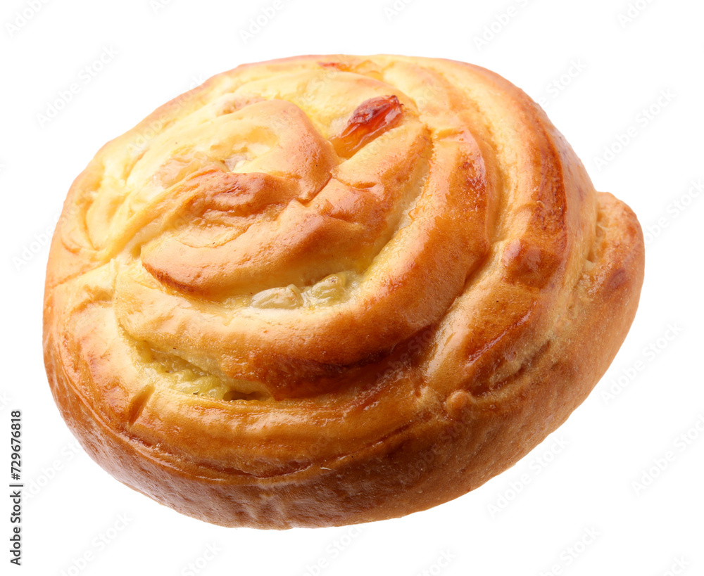 One delicious roll with raisins isolated on white. Sweet bun One delicious roll with raisins isolated on white. Sweet bun