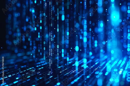 Digital technology concept Blue binary data stream. computer screen backdrop Cyber data visualization