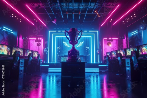 Dramatic esports championship scene Featuring the coveted winner's trophy on stage Flanked by gaming setups and vibrant neon lights