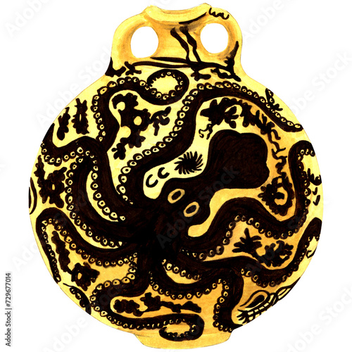 Sketchmarker illustration of Kamares vase with octopus isolated on white background, photo