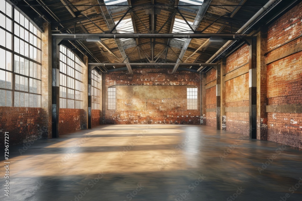 Industrial loft Empty warehouse interior. vintage style Brick wall Concrete floor Steel structure.