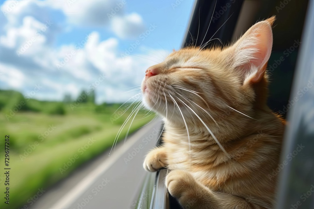 Joyful cat with head out of the car window Feeling the wind and enjoying the ride Joyful cat with head out of the car window Feeling the wind and enjoying the ride