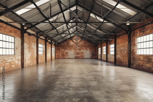 Industrial loft Empty warehouse interior. vintage style Brick wall Concrete floor Steel structure