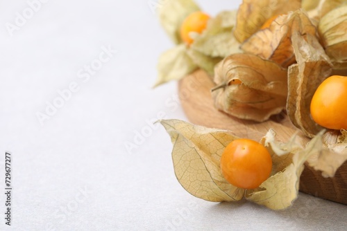 Ripe physalis fruits with calyxes on white table  closeup. Space for text