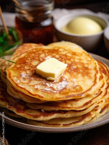 butter lies on a stack of ruddy wheat pancakes. Russian pancakes and Maslenitsa. delicious breakfast or snack