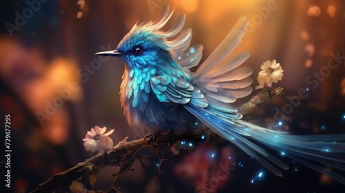 Cute little blue bird. Cute animals and birds. Spring symbol. Blue luck bird. glow and bokeh © Svetlana