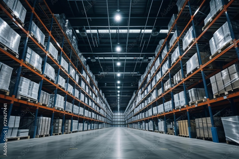 Modern warehouse structure Logistics efficiency. streamlined distribution Organized storage facility - obrazy, fototapety, plakaty 