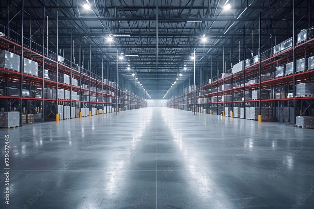 Modern warehouse structure Logistics efficiency. streamlined distribution Organized storage facility. - obrazy, fototapety, plakaty 