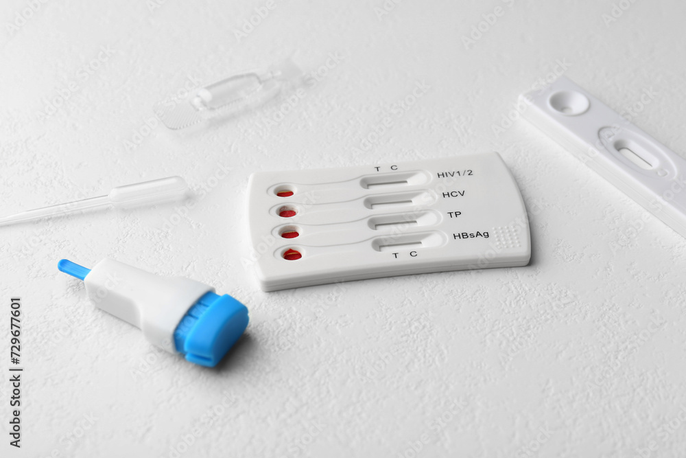 Disposable express test kit on white table Disposable express test kit on white table