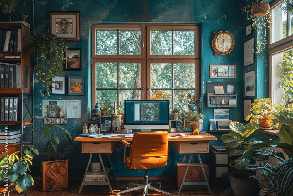 Teal Color Wall of Minimalist Scandinavian Interior Home Office Room, Home Workstation Table Chair, Desk and Frame Plants Vase sunlight from window