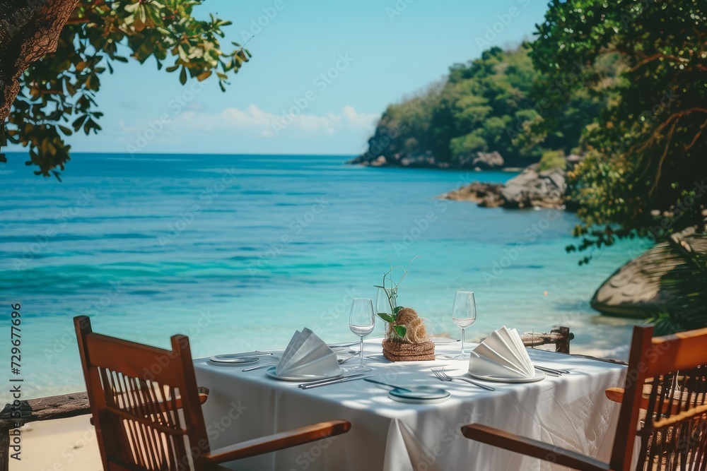 Seaside table setup Picturesque island view. beach dining ambiance Clear sky Serene environment