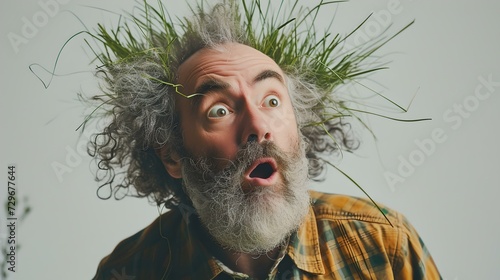 Surprised bearded man with unusual grass hair. quirky and creative portrait. humorous conceptual photo. eye-catching stock image for design. AI photo