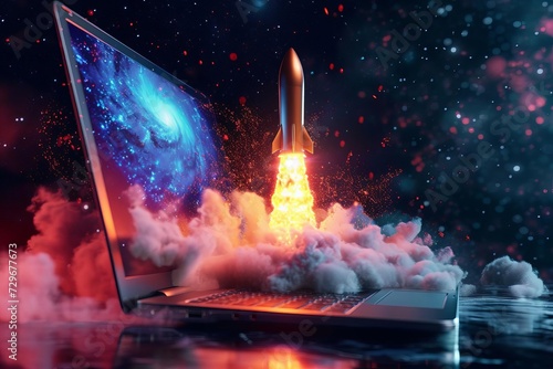 Rocket innovation Laptop screen breakthrough. creative concept Technology and creativity