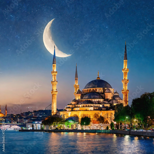 Crescent moon on beautiful night background in front of Blue mosque in Istanbul. the holy month Ramadan Kareem wallpaper with Istanbul cityscape
