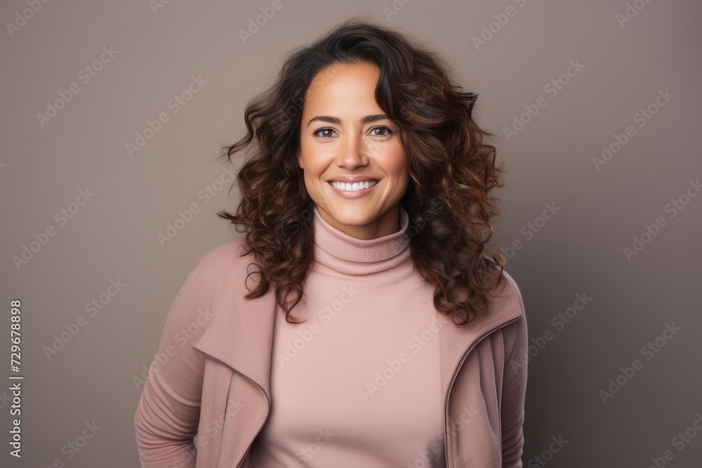 Portrait of a beautiful young woman with curly hair smiling at camera Portrait of a beautiful young woman with curly hair smiling at camera