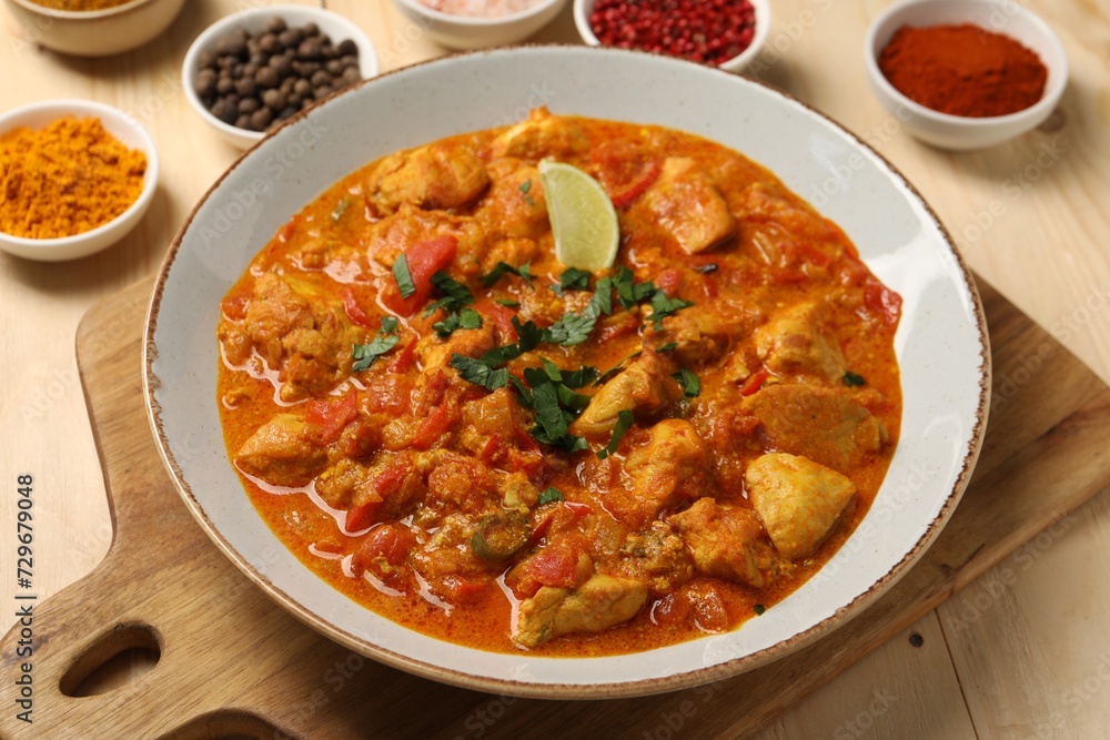 Delicious chicken curry and spices on wooden table Delicious chicken curry and spices on wooden table