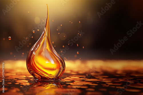 3D illustration of a drop of oil on a golden light background.