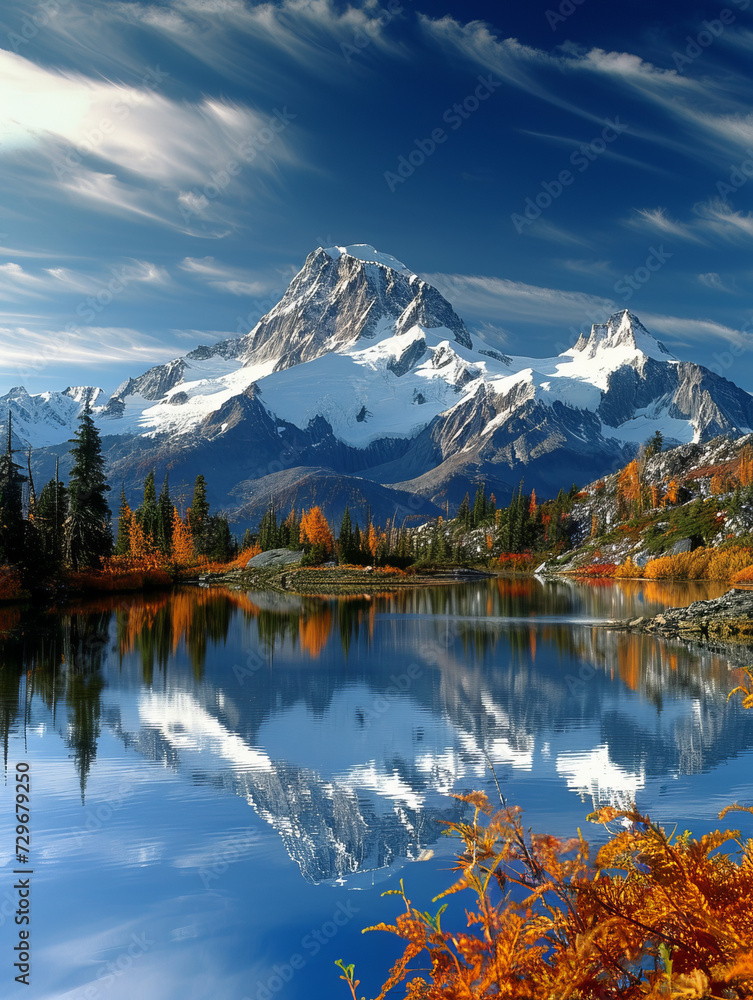Alpine Lake with Snowy Mountain Reflection in Autumn