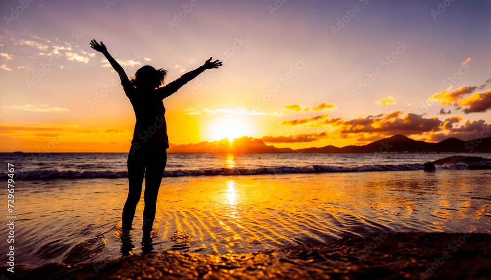 Fototapeta premium Saluting the sun. Backlight of a woman on the beach facing the sea, with her arms open, contemplating the sunset. AI Generated.