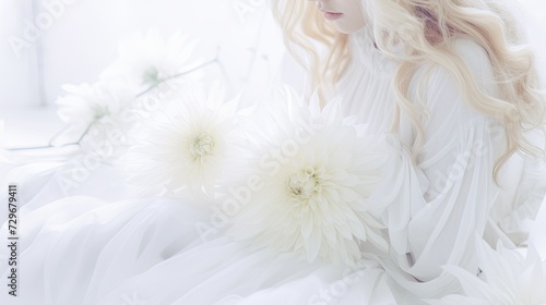 Enchanting Whispers: A Woman Transformed in a White Dress Adorned With Floral Crowns photo