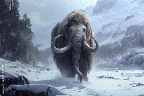 Artistic depiction of a mammoth charging through a snowy landscape
