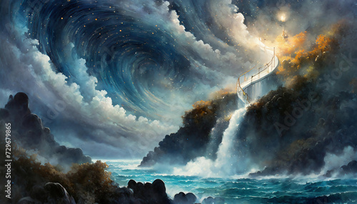 A fantastic seascape around the mountains where nebulae and waves mix together and a waterfall flowing down the stairs photo