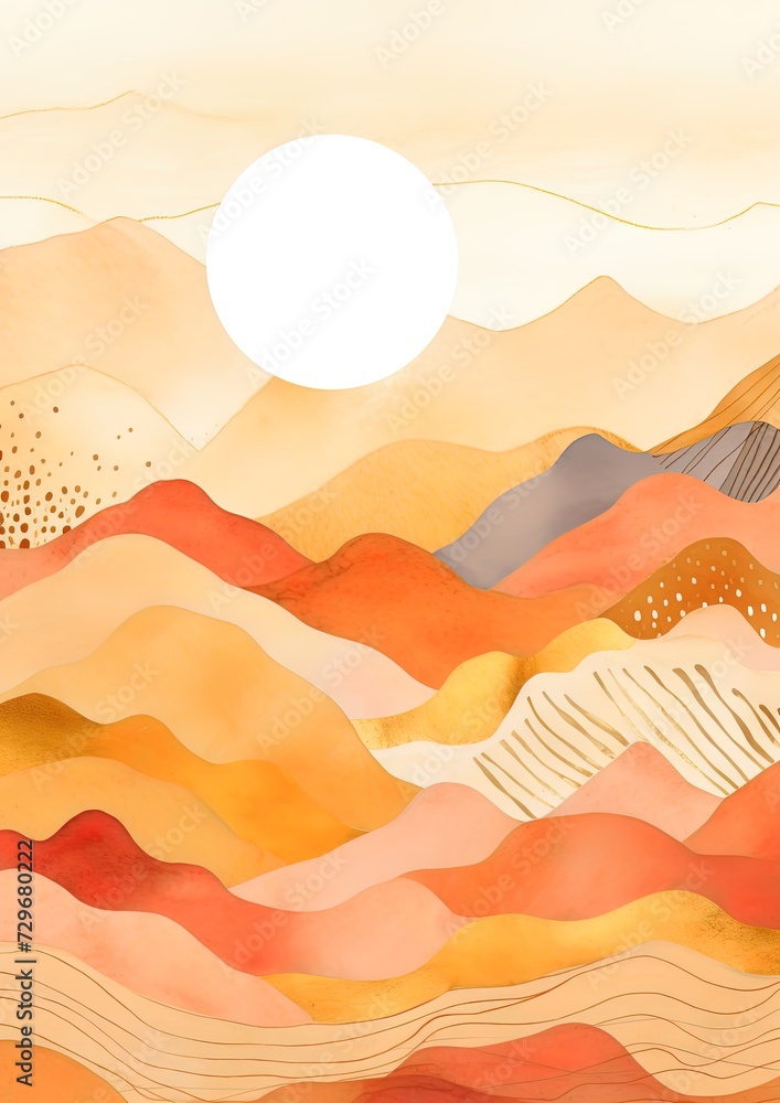 Abstract drawing of mountains with a big sun with broken waves and brown, earthy and yellow colors. Abstract drawing of mountains with a big sun with broken waves and brown, earthy and yellow colors.