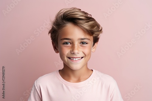 Portrait of a smiling little boy with blond hair on pink background
