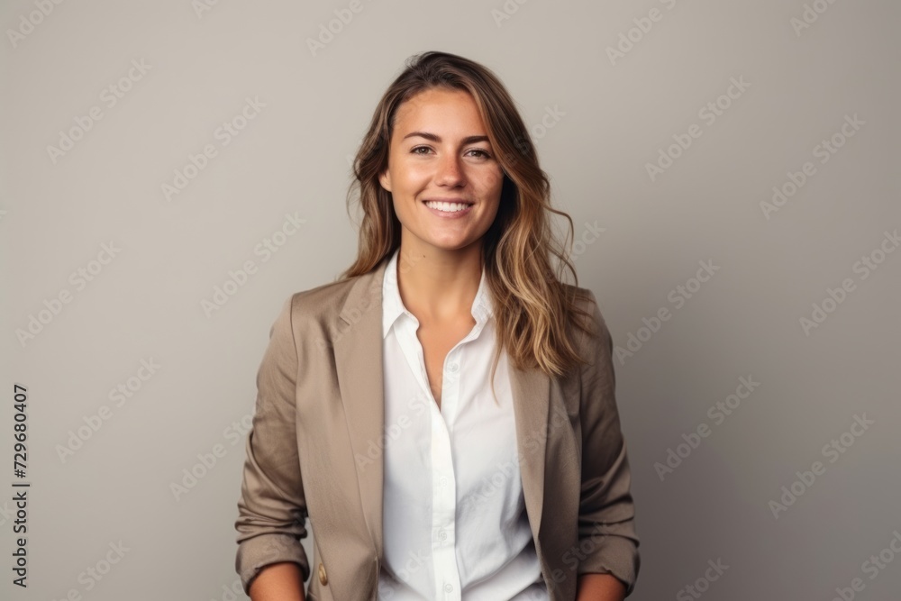 Portrait of a smiling businesswoman standing with hands in pockets against grey background Portrait of a smiling businesswoman standing with hands in pockets against grey background