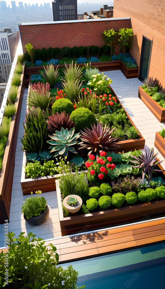 Fototapeta premium Rooftop Garden. Urban. Greenery. Skyline. Nature. Landscape. Cityscape. Terrace. Outdoor. Urban Farming. Plants. Relaxation. Scenic. Sustainability. Botanical. AI Generated.