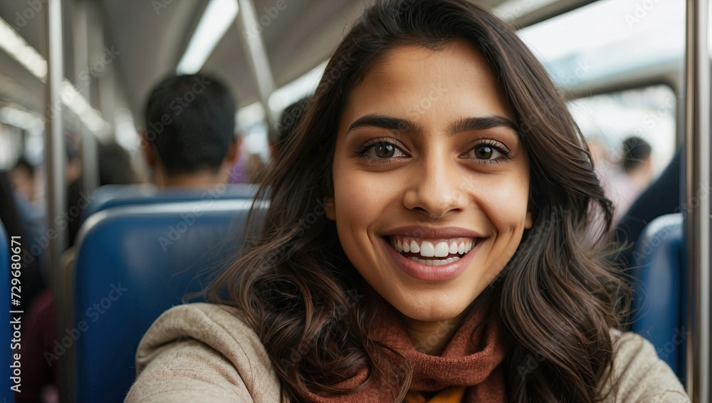 Attractive Indian woman takes a close-up selfie on a train, showcasing her captivating smile, brown eyes, and wavy hair.