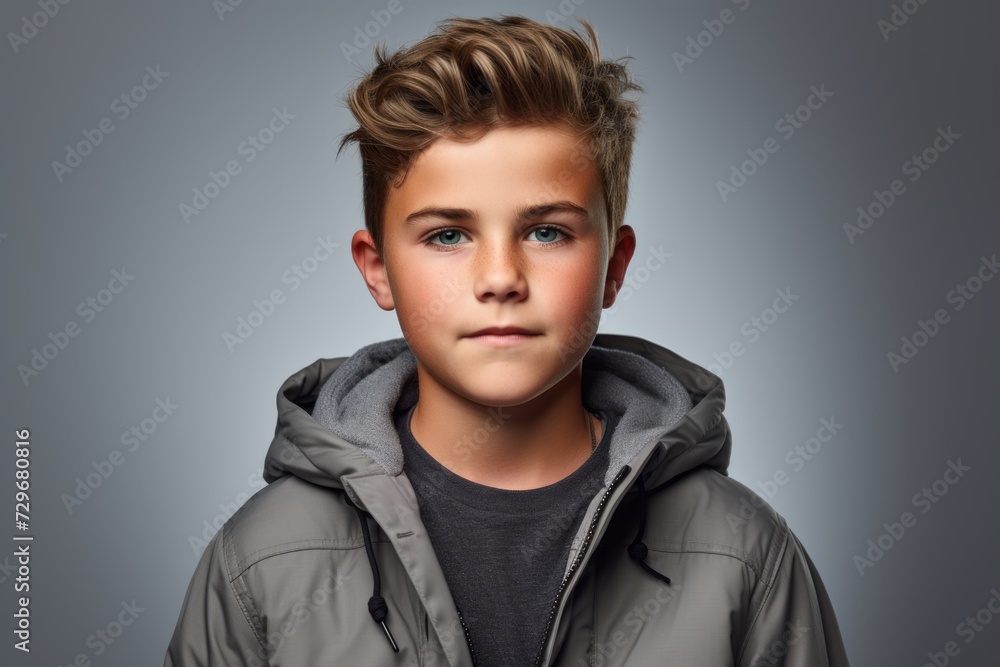 Portrait of a young boy in a warm jacket on a gray background. Portrait of a young boy in a warm jacket on a gray background.