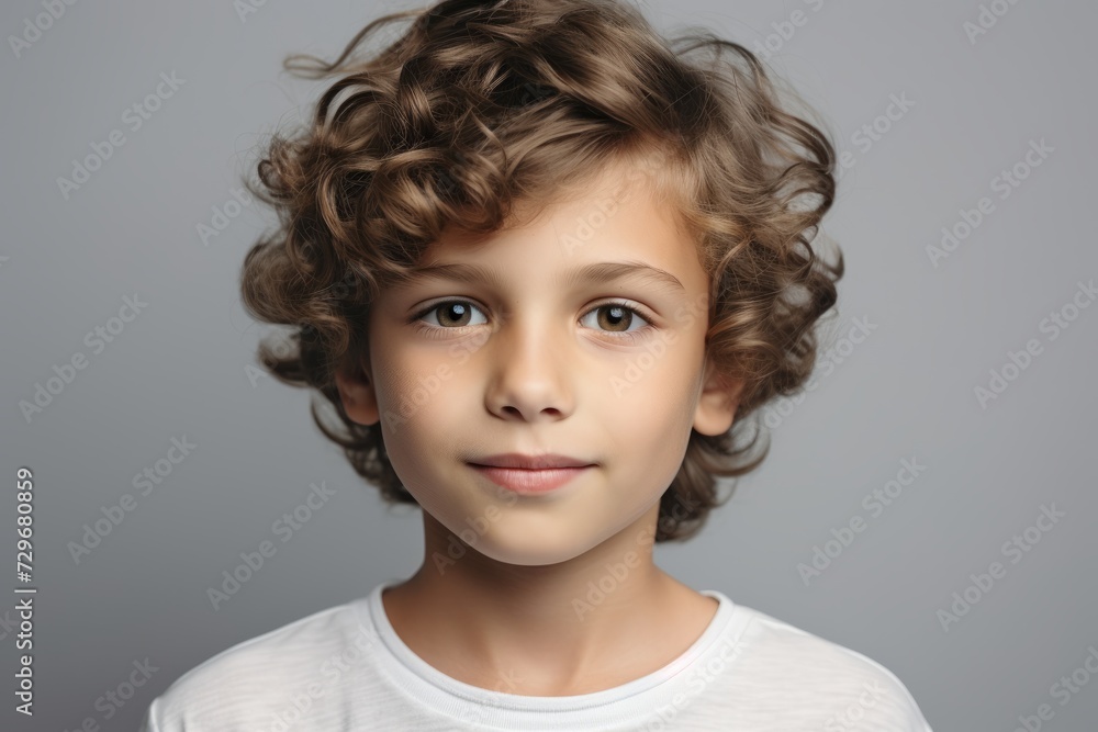 Portrait of a cute little boy with curly hair, over grey background Portrait of a cute little boy with curly hair, over grey background