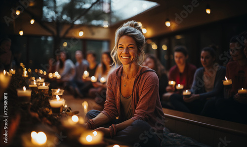 A serene beautiful elderly woman meditates among candles and flowers  exuding tranquility and mindfulness in a peaceful  candlelit  spiritual setting.