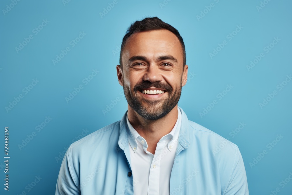 Portrait of a smiling man in a blue shirt on a blue background Portrait of a smiling man in a blue shirt on a blue background