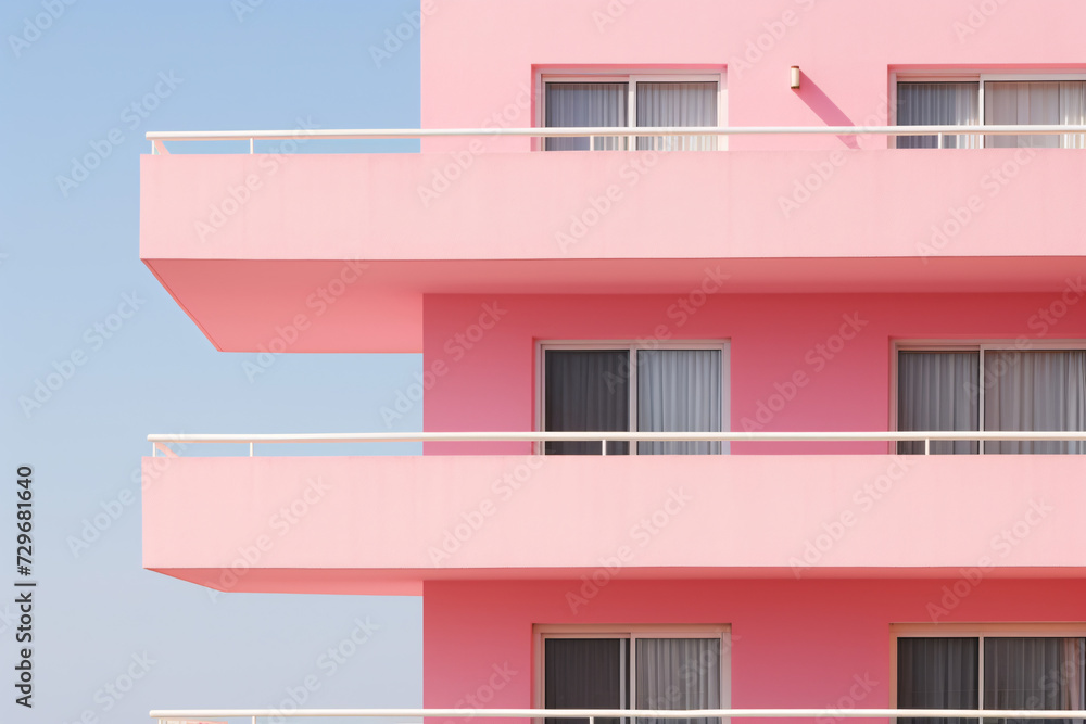 a pink building with white railings