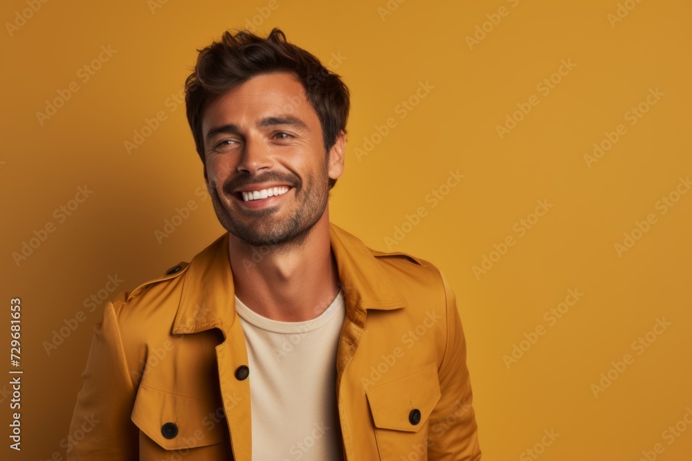 smiling handsome man in yellow trench coat looking at camera isolated on yellow smiling handsome man in yellow trench coat looking at camera isolated on yellow
