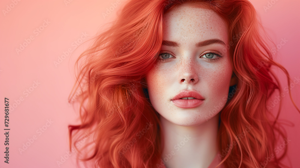 An attractive young woman with red hair on pink background.