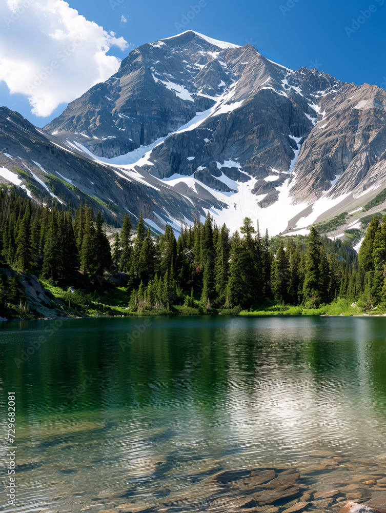 Alpine Lake with Mountain Backdrop and Lush Greenery