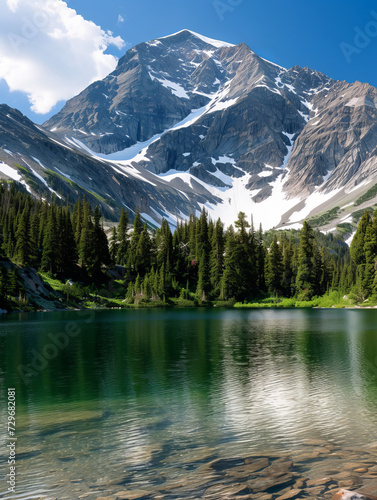 Alpine Lake with Mountain Backdrop and Lush Greenery