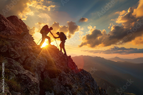 a group of people climbing a mountain