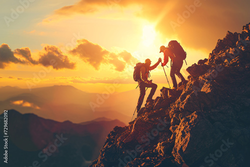 a group of people climbing a mountain